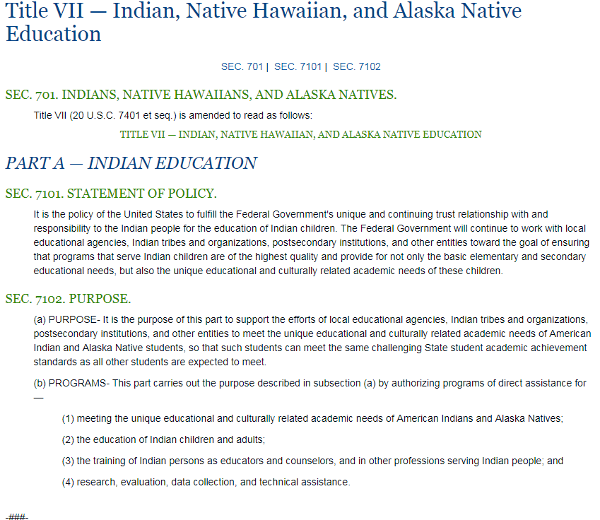 Title VII – Indian, Native Hawaiian, and Alaska Native Education