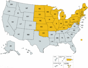 Map of country with Region I and III states highlighted