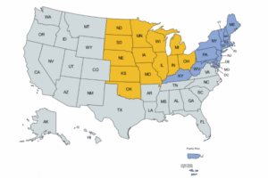 Map of country with Region I and III states highlighted